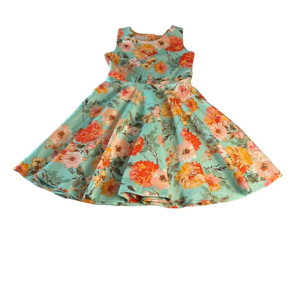 Bonnie Jean Girl's Size 16 Sleeveless Floral Dress Teal Peach Cutout Fit & Flare